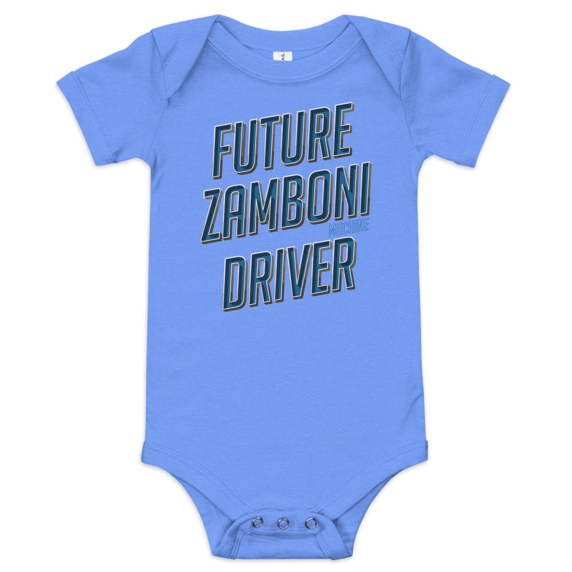 Baby wearing Zamboni Future Driver baby onesie with three-snap leg closure and envelope neckline