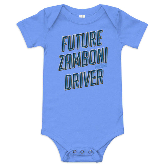 Baby wearing Zamboni Future Driver baby onesie with three-snap leg closure and envelope neckline