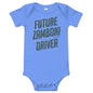 Baby wearing Zamboni Future Driver baby onesie with three-snap leg closure and envelope neckline