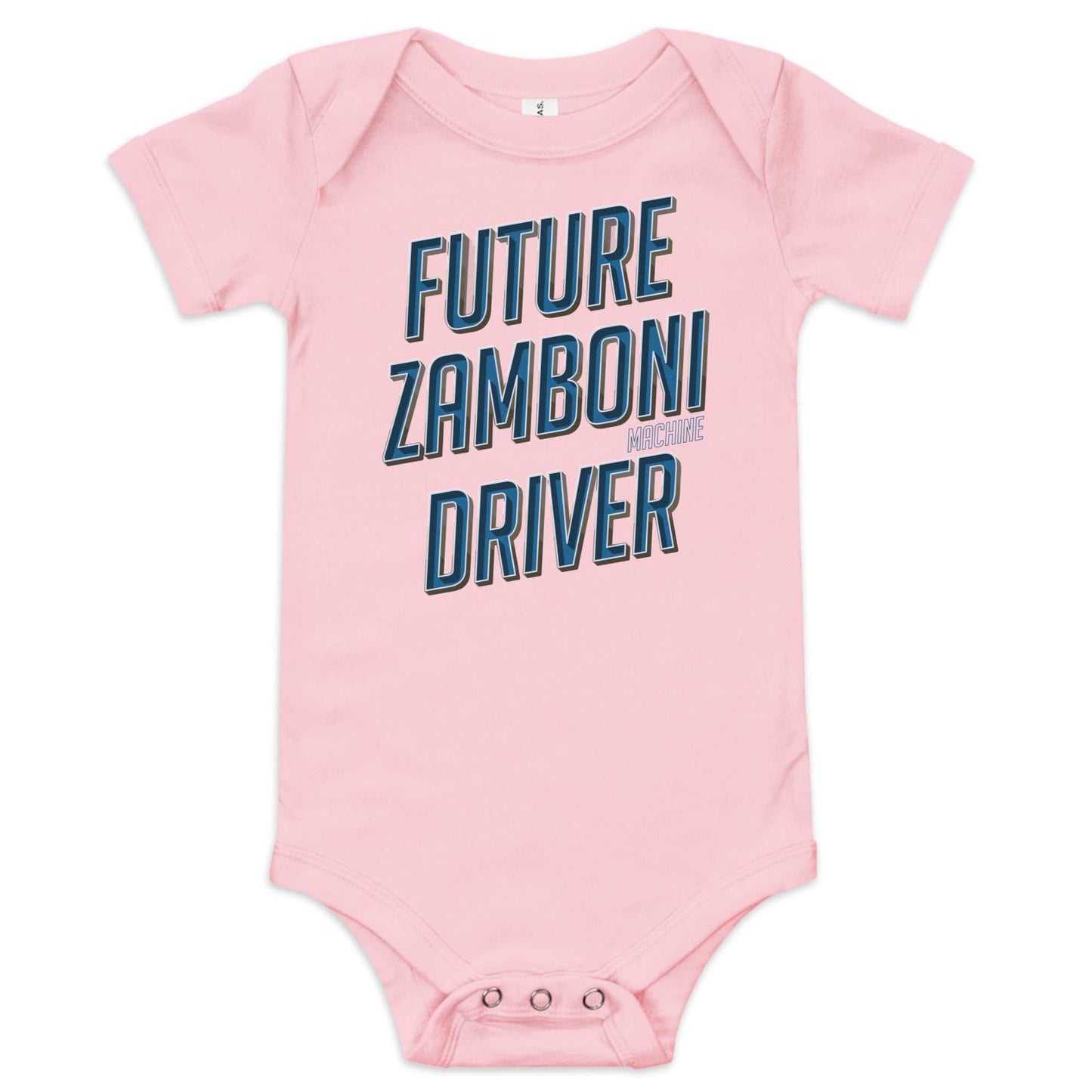 Baby onesie with Zamboni Future Driver print, 100% cotton and snap leg closure for easy changing