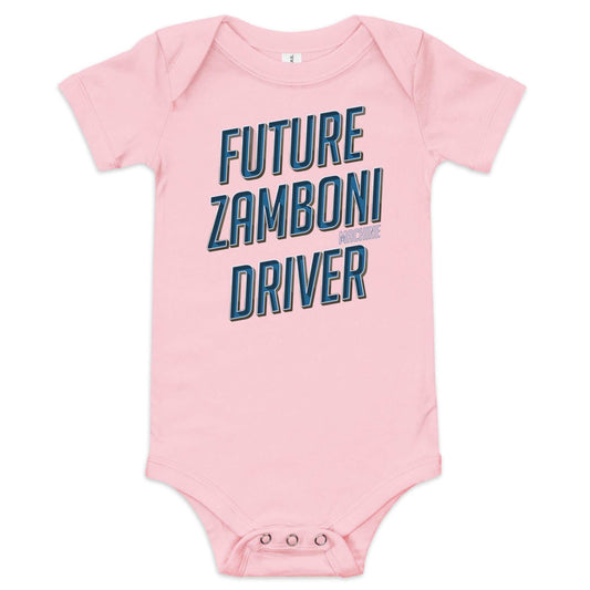 Baby onesie with Zamboni Future Driver print, 100% cotton and snap leg closure for easy changing