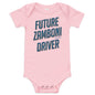 Baby onesie with Zamboni Future Driver print, 100% cotton and snap leg closure for easy changing