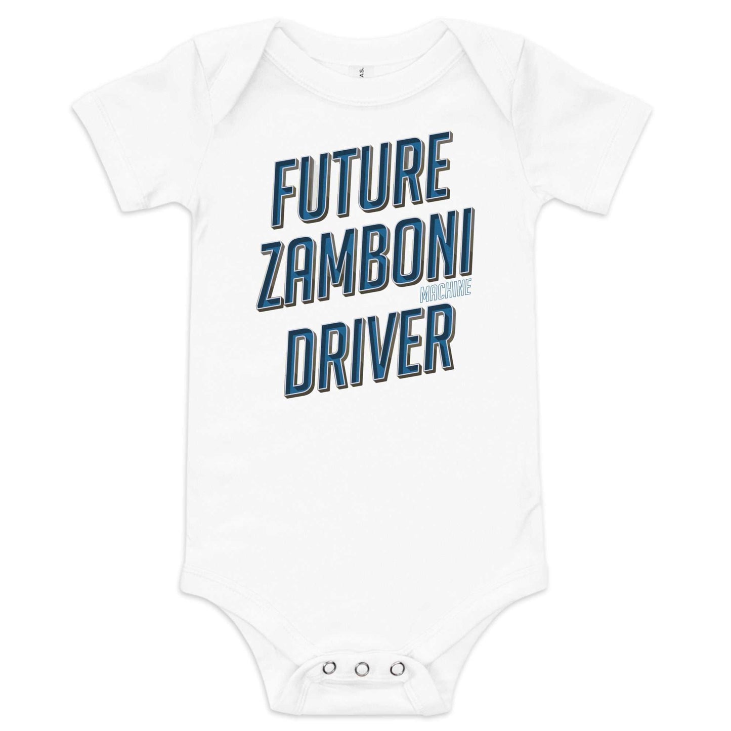 Baby onesie with Zamboni Future Driver print, 100% cotton, three-snap leg closure, envelope neckline