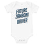 Baby onesie with Zamboni Future Driver print, 100% cotton, three-snap leg closure, envelope neckline