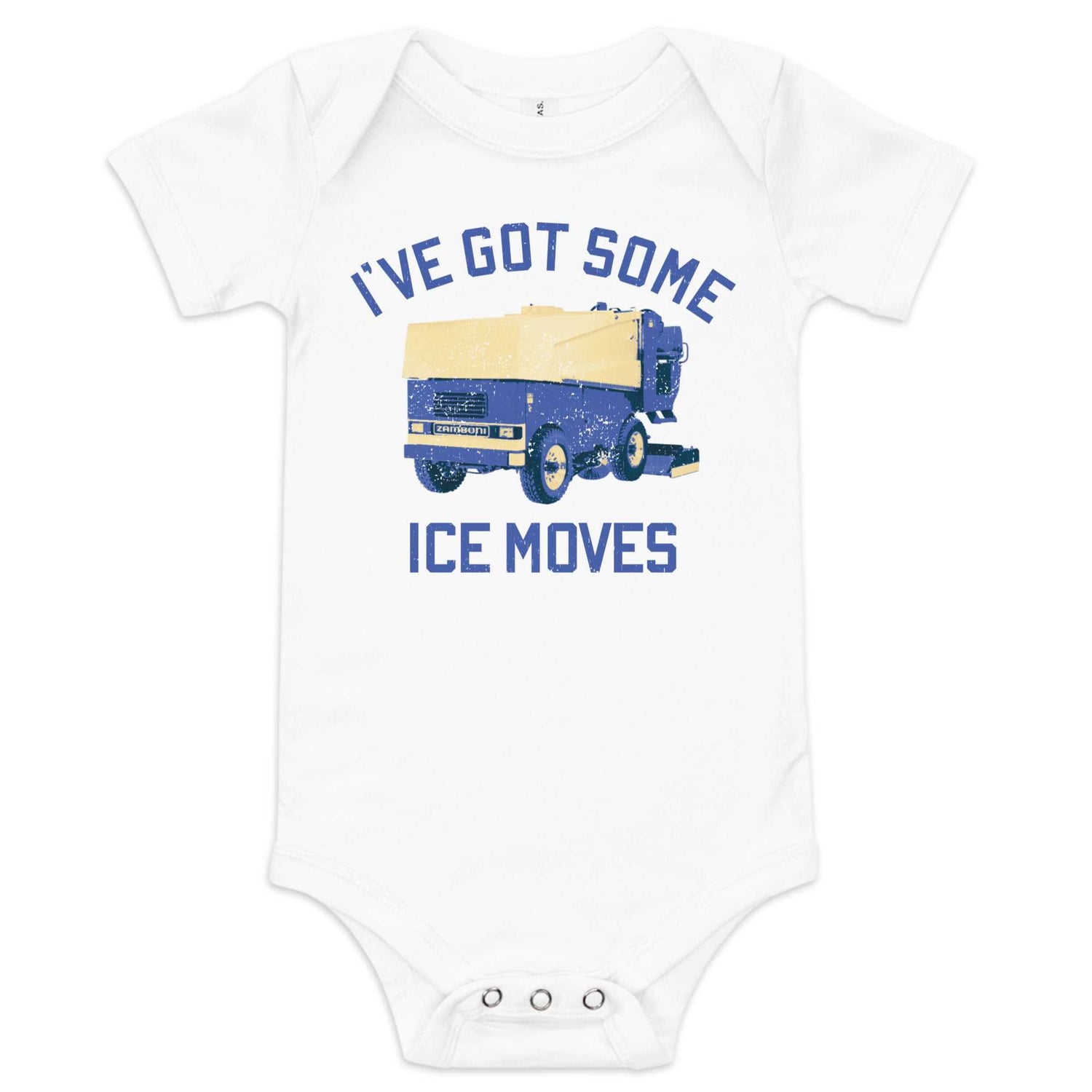 Baby wearing Zamboni Ice Moves Baby Onesie with snap leg closure and envelope neckline