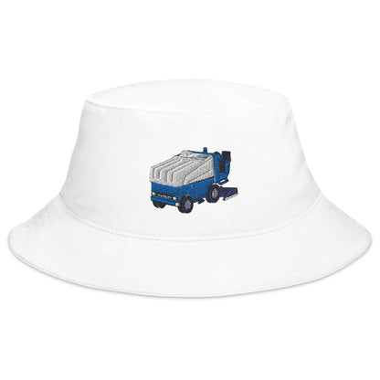 White cotton twill bucket hat with embroidered blue Zamboni machine design and breathable eyelets