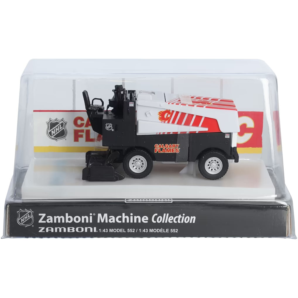 Die-cast Zamboni collectible with black and white Calgary Flames graphics, red stripes, and a clear display case; Adult Zamboni Ride-Along Costume.