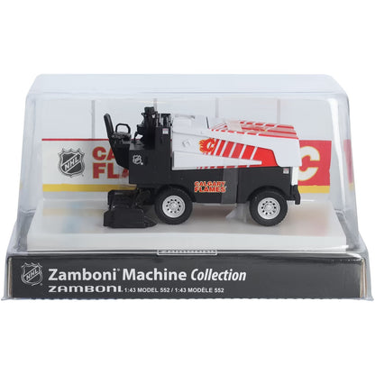 Die-cast Zamboni collectible with black and white Calgary Flames graphics, red stripes, and a clear display case; Adult Zamboni Ride-Along Costume.