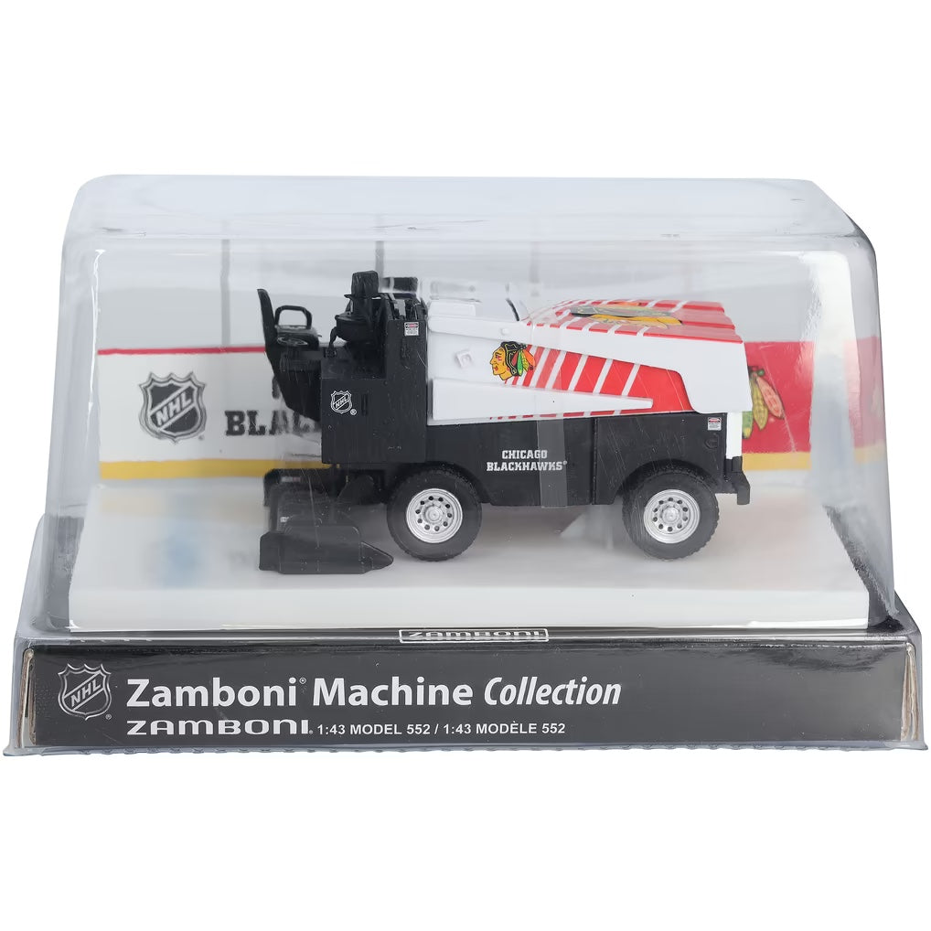 Die-cast Zamboni collectible in black and white with red stripes, Chicago Blackhawks graphics and arena display stand; Adult Zamboni Ride-Along Costume
