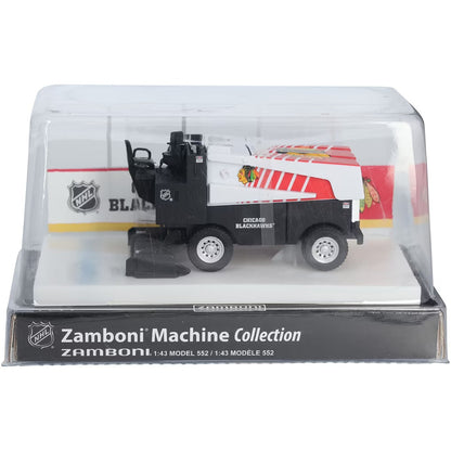 Die-cast Zamboni collectible in black and white with red stripes, Chicago Blackhawks graphics and arena display stand; Adult Zamboni Ride-Along Costume
