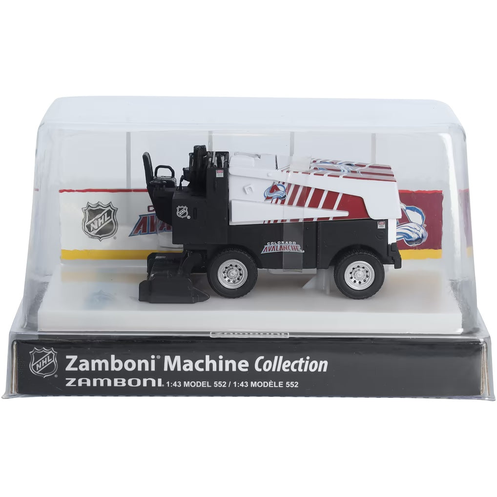 Die-cast Zamboni collectible in white, black, and red with NHL graphics and a clear display case; Adult Zamboni Ride-Along Costume is unrelated.