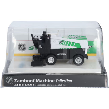 Die-cast Zamboni collectible with a white and black body, green stripes, detailed wheels, and an arena display stand; Adult Zamboni Ride-Along Costume.