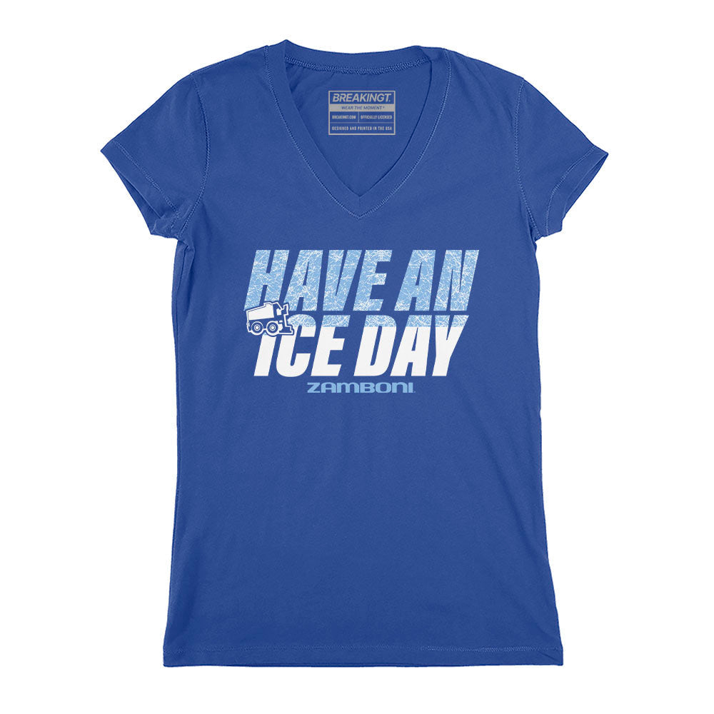 V-neck T-shirt in royal blue cotton, featuring distressed white “Have An Ice Day” text and a small Zamboni graphic.