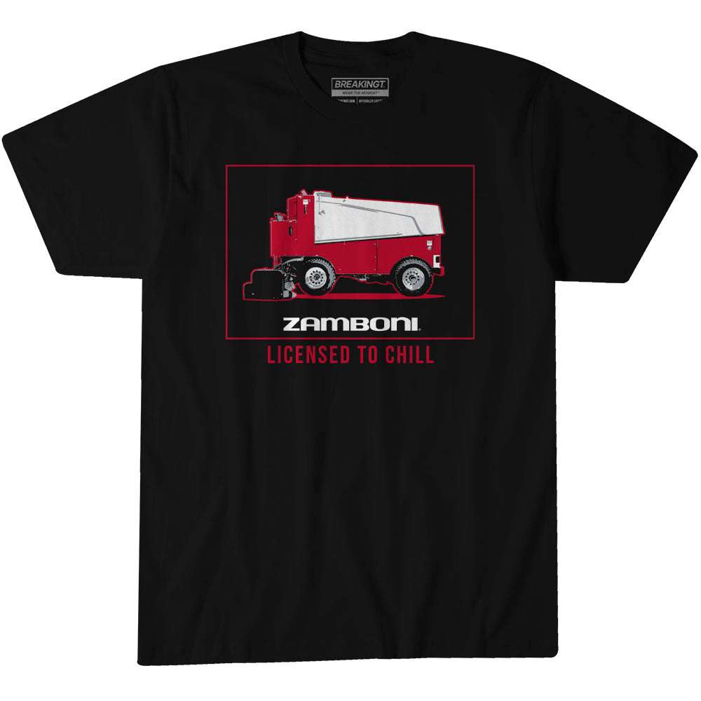 Licensed To Chill Zamboni black cotton T-shirt with a red-and-white Zamboni graphic and bold lettering.