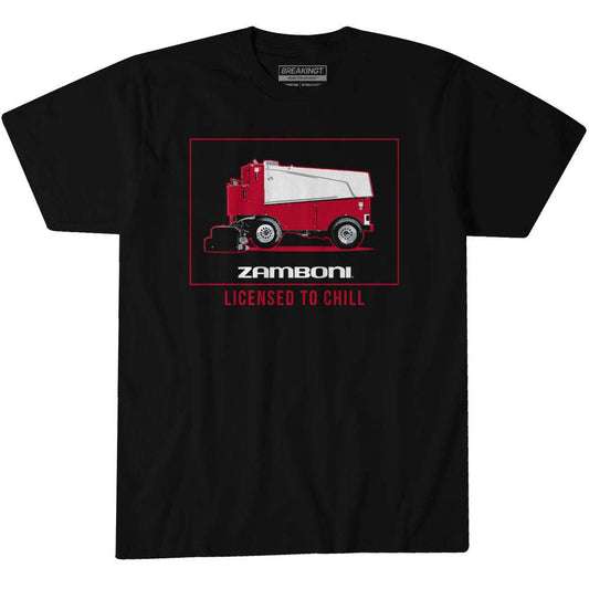 Licensed To Chill Zamboni black cotton T-shirt with a red-and-white Zamboni graphic and bold lettering.