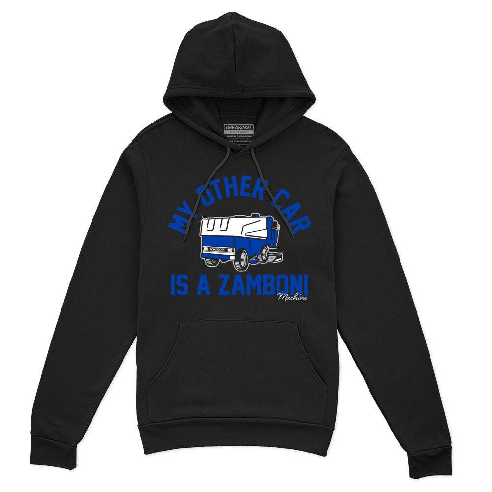 Black cotton-blend hoodie with blue-and-white Zamboni graphic and “My Other Car Is A Zamboni” text on the chest.