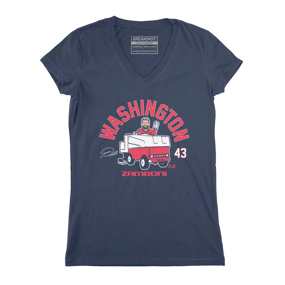 Tom Wilson Zamboni Driver navy V-neck T-shirt with a vintage-style Washington Zamboni graphic and red lettering.