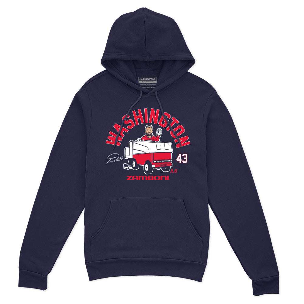 Tom Wilson Zamboni Driver navy hoodie with a front pocket and red, white, and blue Washington player graphic.