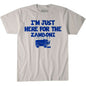 T-shirt reading “I'm Just Here For The Zamboni,” in light gray cotton with bold blue lettering and a Zamboni graphic.