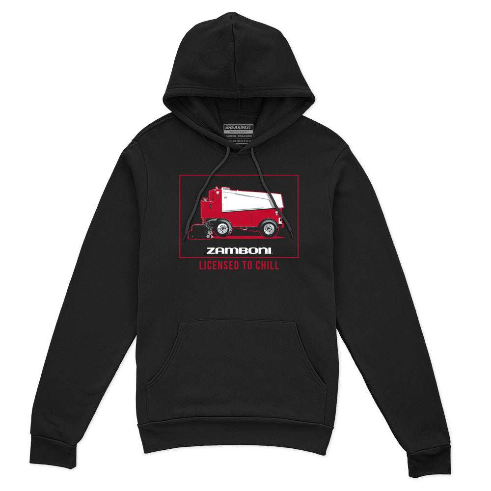 Black cotton-blend pullover hoodie with drawstrings, front pocket, and a red-and-white Zamboni graphic; Licensed To Chill Zamboni design.