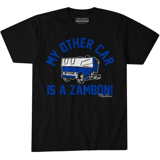 Black cotton T-shirt with blue lettering and a detailed white-and-blue Zamboni graphic; My Other Car Is A Zamboni design.