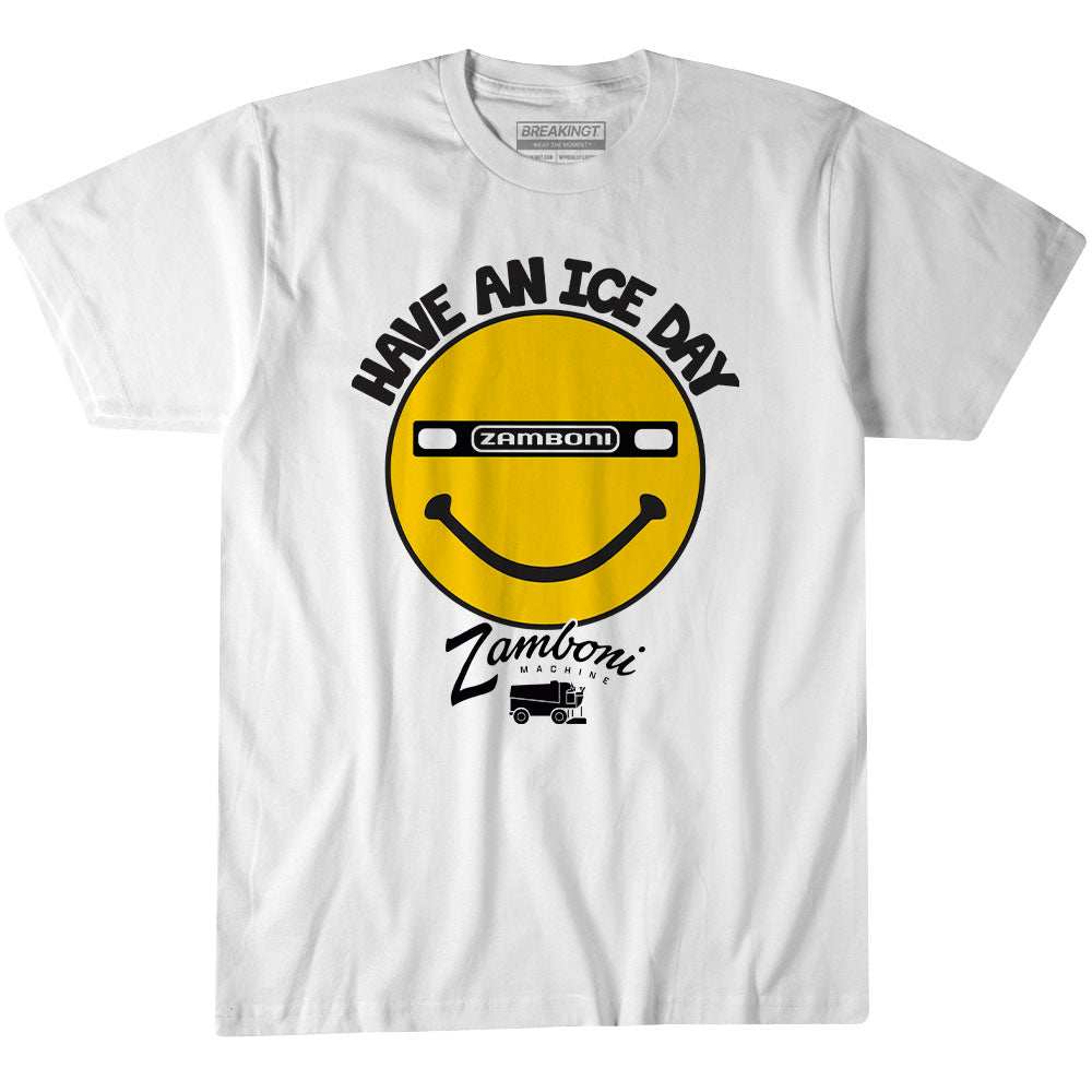 White cotton T-shirt featuring a yellow Zamboni smiley face graphic and “Have An Ice Day” lettering.