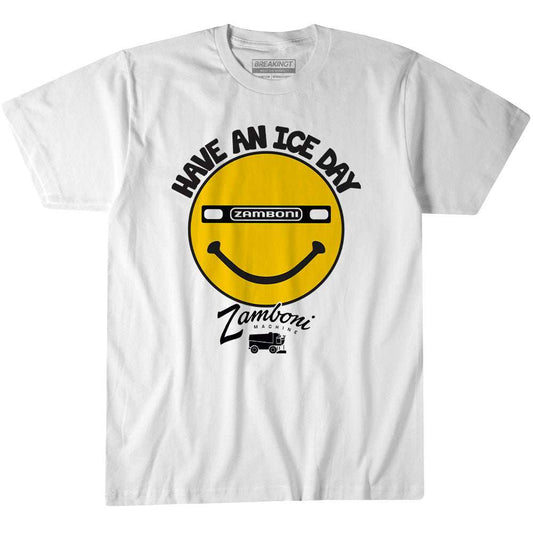 White cotton T-shirt featuring a yellow Zamboni smiley face graphic and “Have An Ice Day” lettering.
