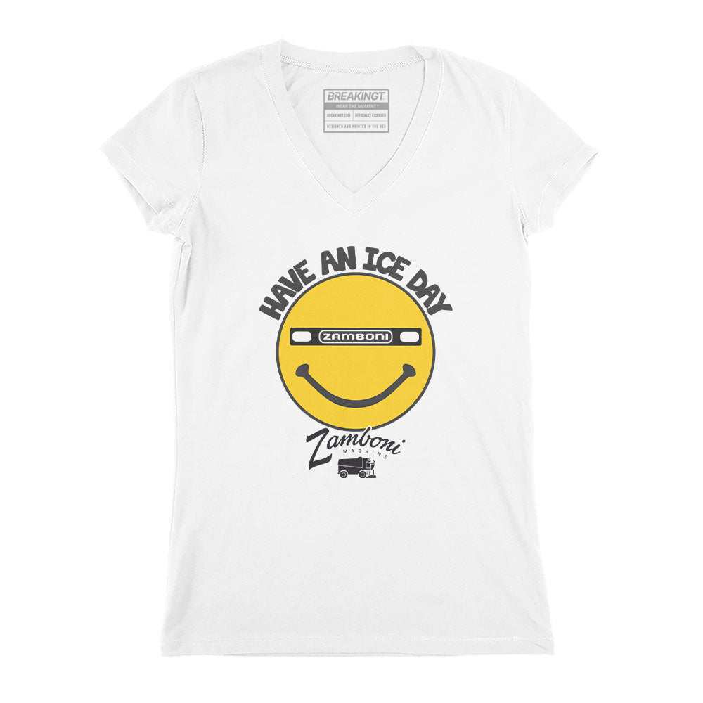 White cotton V-neck T-shirt featuring a yellow smiley face Zamboni graphic and “Have An Ice Day” text.
