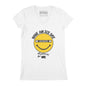 White cotton V-neck T-shirt featuring a yellow smiley face Zamboni graphic and “Have An Ice Day” text.