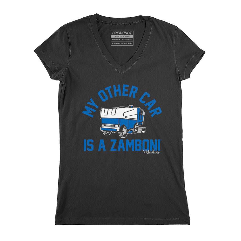 My Other Car Is A Zamboni black cotton V-neck T-shirt with blue lettering and a white-and-blue Zamboni graphic.