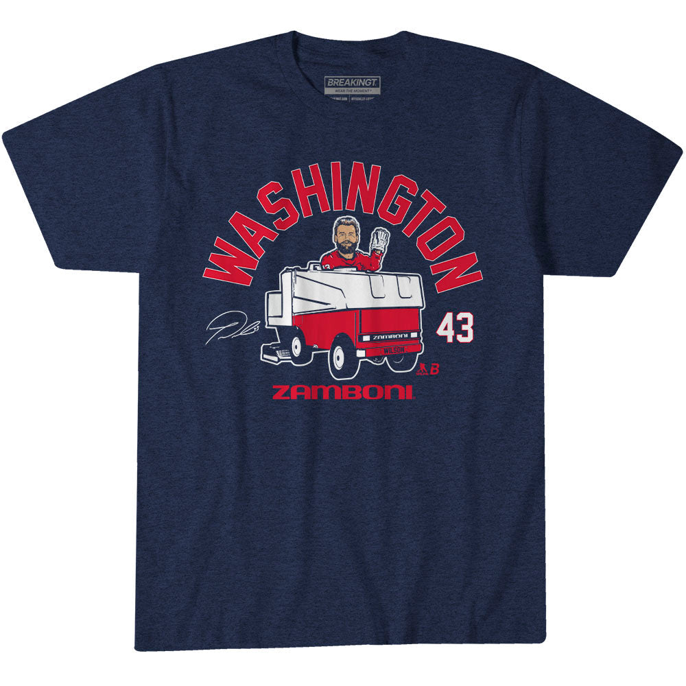 Tom Wilson Zamboni Driver T-shirt in navy blue, with a red-and-white Washington Zamboni graphic and number 43.