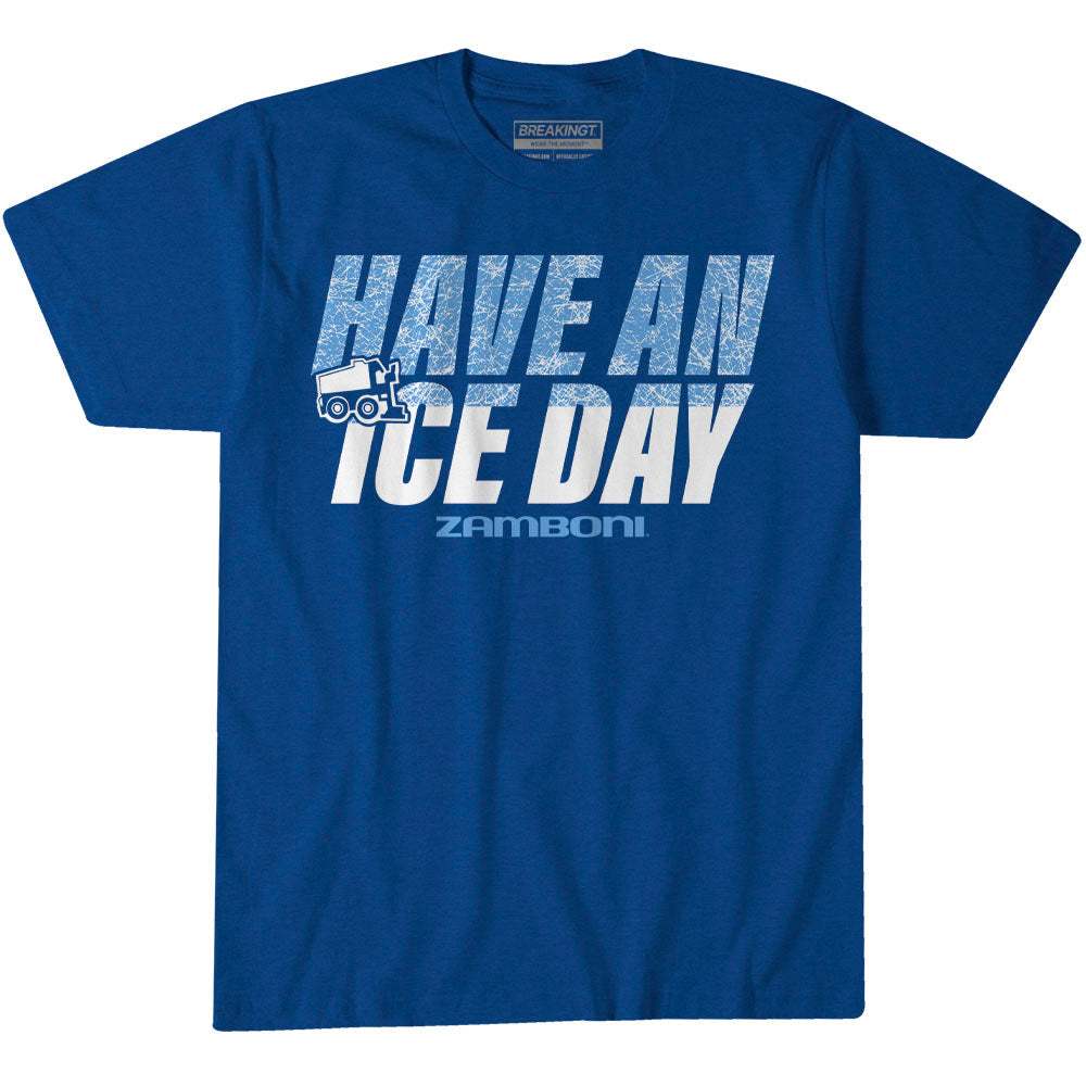 T-shirt in solid blue cotton with distressed white “Have An Ice Day” lettering and a small Zamboni graphic.