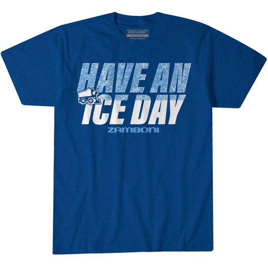 T-shirt in solid blue cotton with distressed white “Have An Ice Day” lettering and a small Zamboni graphic.