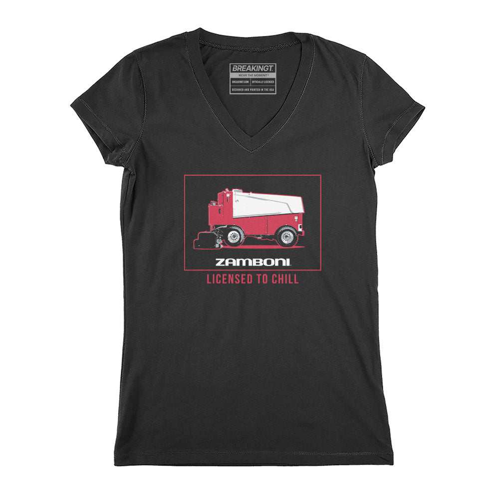 Licensed To Chill Zamboni black V-neck T-shirt with a red-and-white Zamboni graphic and pink lettering on the chest.