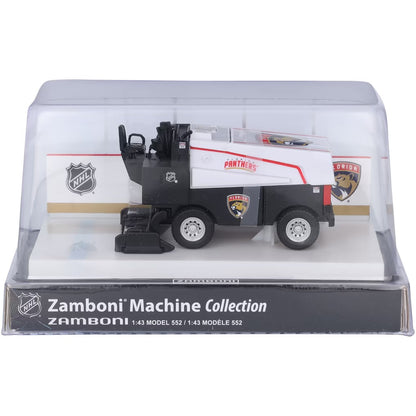 Die-cast Zamboni collectible with white and black body, Florida Panthers graphics, and arena display case; Adult Zamboni Ride-Along Costume.