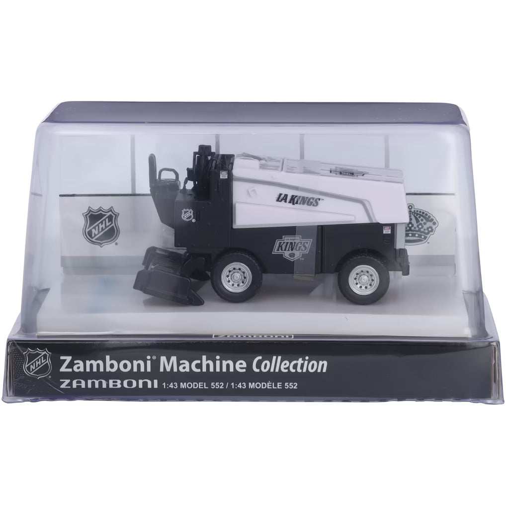 Die-cast Zamboni collectible in black and white with Los Angeles Kings graphics, displayed in a clear protective case; Adult Zamboni Ride-Along Costume.