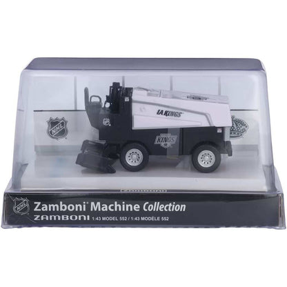 Die-cast Zamboni collectible in black and white with Los Angeles Kings graphics, displayed in a clear protective case; Adult Zamboni Ride-Along Costume.