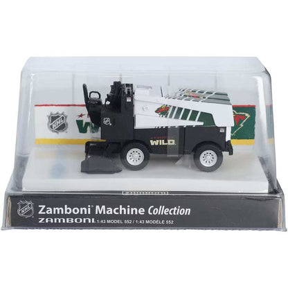 Die-cast Zamboni collectible with black and white body, green team graphics, and a clear display case; Adult Zamboni Ride-Along Costume.