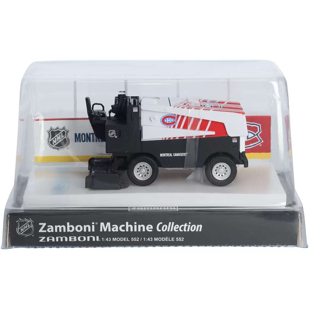 Die-cast Zamboni collectible in white, red and black with Montreal Canadiens graphics, displayed on an arena replica stand; Adult Zamboni Ride-Along Costume.