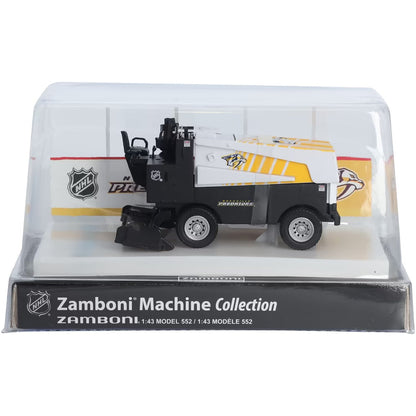 Die-cast Zamboni collectible with a white and black finish, yellow team graphics, and clear display case; Adult Zamboni Ride-Along Costume
