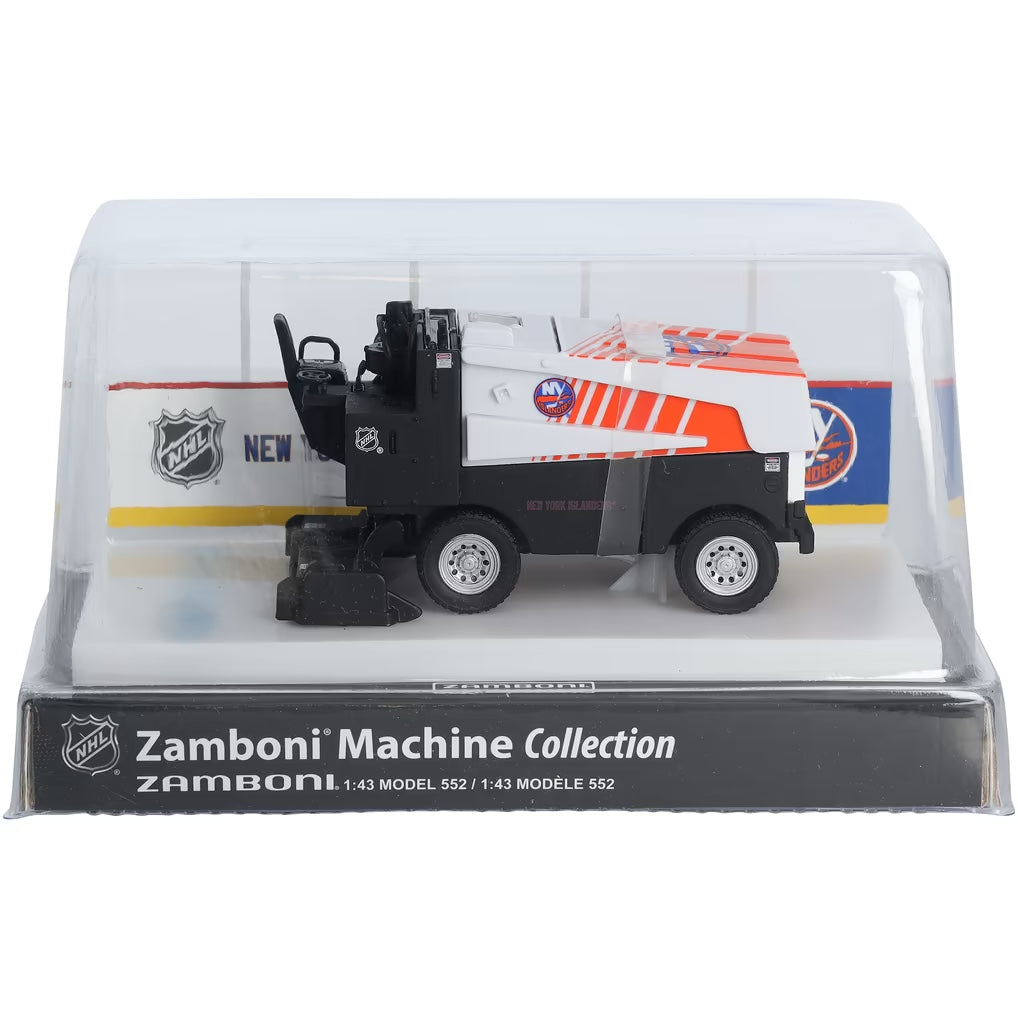 Die-cast Zamboni collectible in black, white and orange with NHL team graphics, arena display case and Adult Zamboni Ride-Along Costume collection branding.