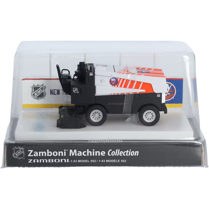 Die-cast Zamboni collectible in black, white and orange with NHL team graphics, arena display case and Adult Zamboni Ride-Along Costume collection branding.