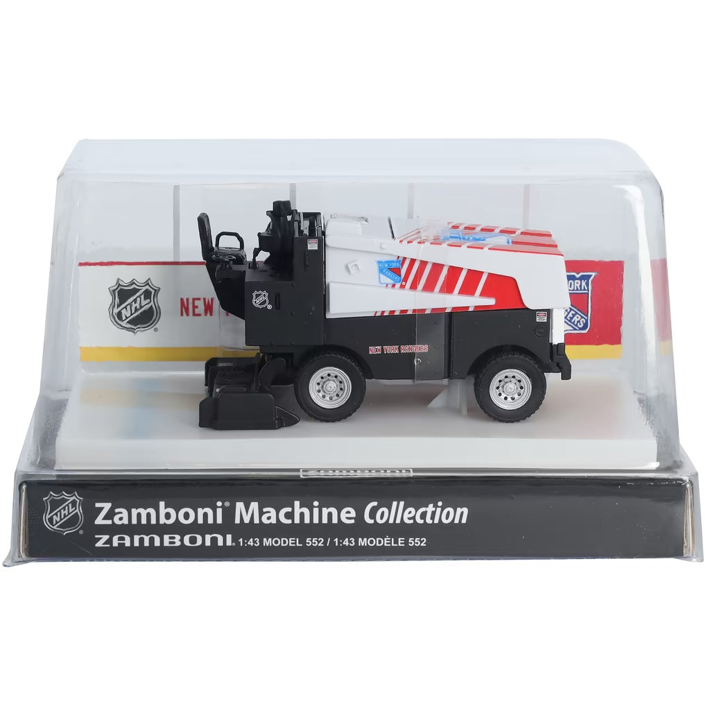 Die-cast Zamboni collectible with white, black and red NHL graphics, displayed in a clear arena-style case; Adult Zamboni Ride-Along Costume
