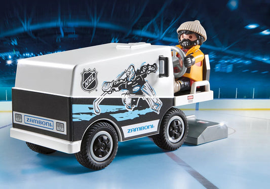 Playmobil Zamboni toy in white, black and blue with NHL graphics, wheels and seated driver; not an Adult Zamboni Ride-Along Costume.