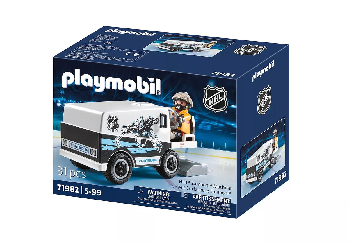 Playmobil NHL Zamboni toy set in blue packaging, showing a white and gray ice resurfacer with a driver; Adult Zamboni Ride-Along Costume included as a keyword.
