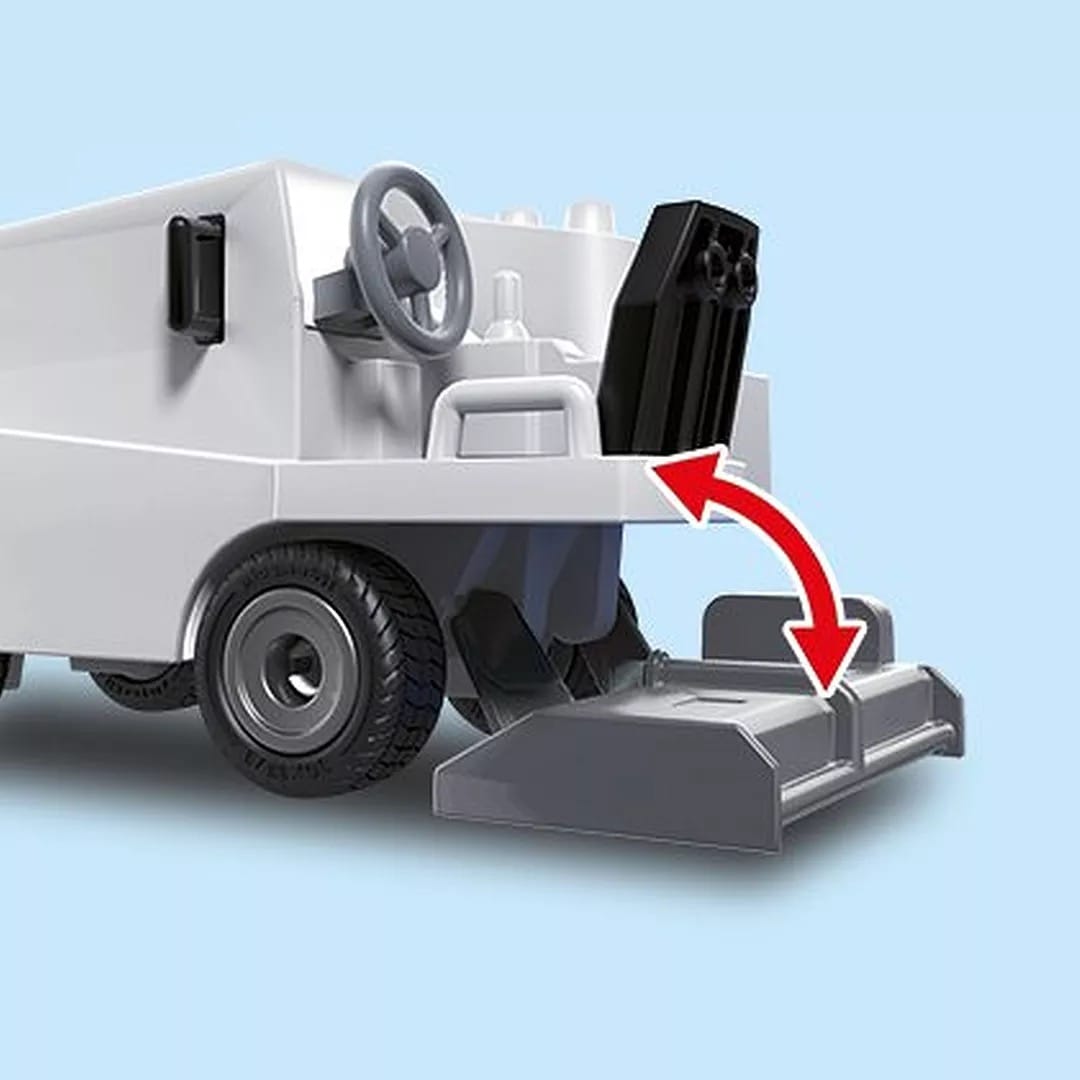 Zamboni toy ice resurfacer with a white plastic body, black tires, gray steering wheel, and movable front blade; Adult Zamboni Ride-Along Costume.