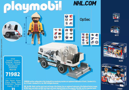 Toy Zamboni machine with a white and black body, blue NHL decals, grey wheels, and a front ice scraper; Adult Zamboni Ride-Along Costume is a keyword mismatch.