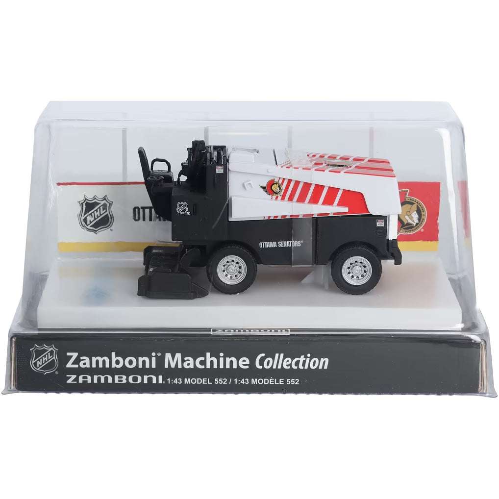 Die-cast Zamboni collectible in black, white, and red with Ottawa Senators graphics, displayed under a clear case; Adult Zamboni Ride-Along Costume
