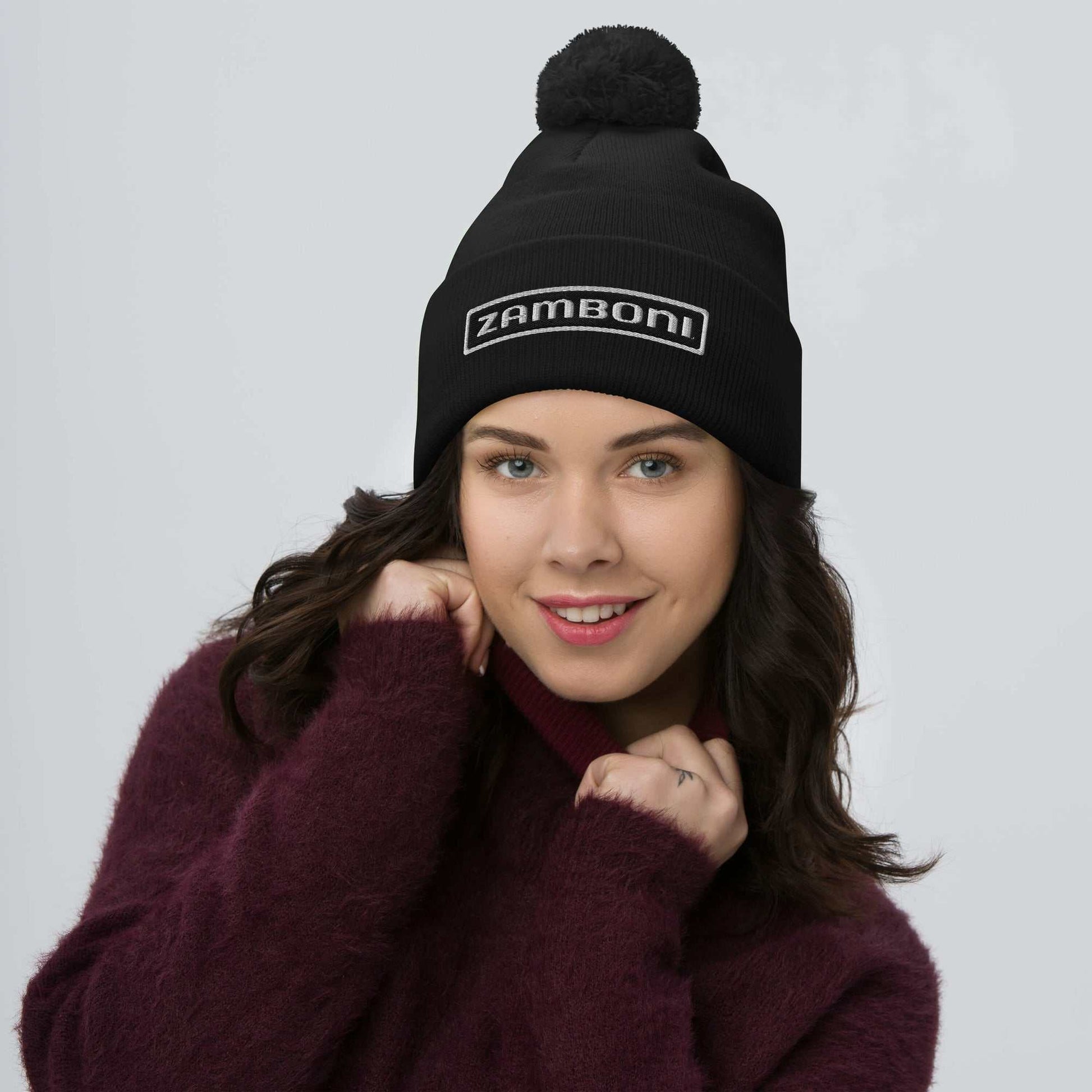 Zamboni Pom-Pom Beanie with embroidered logo and pom-pom on top for warmth and style