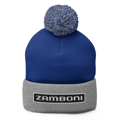 Blue and gray Zamboni pom-pom beanie with embroidered nameplate and fold-over cuff